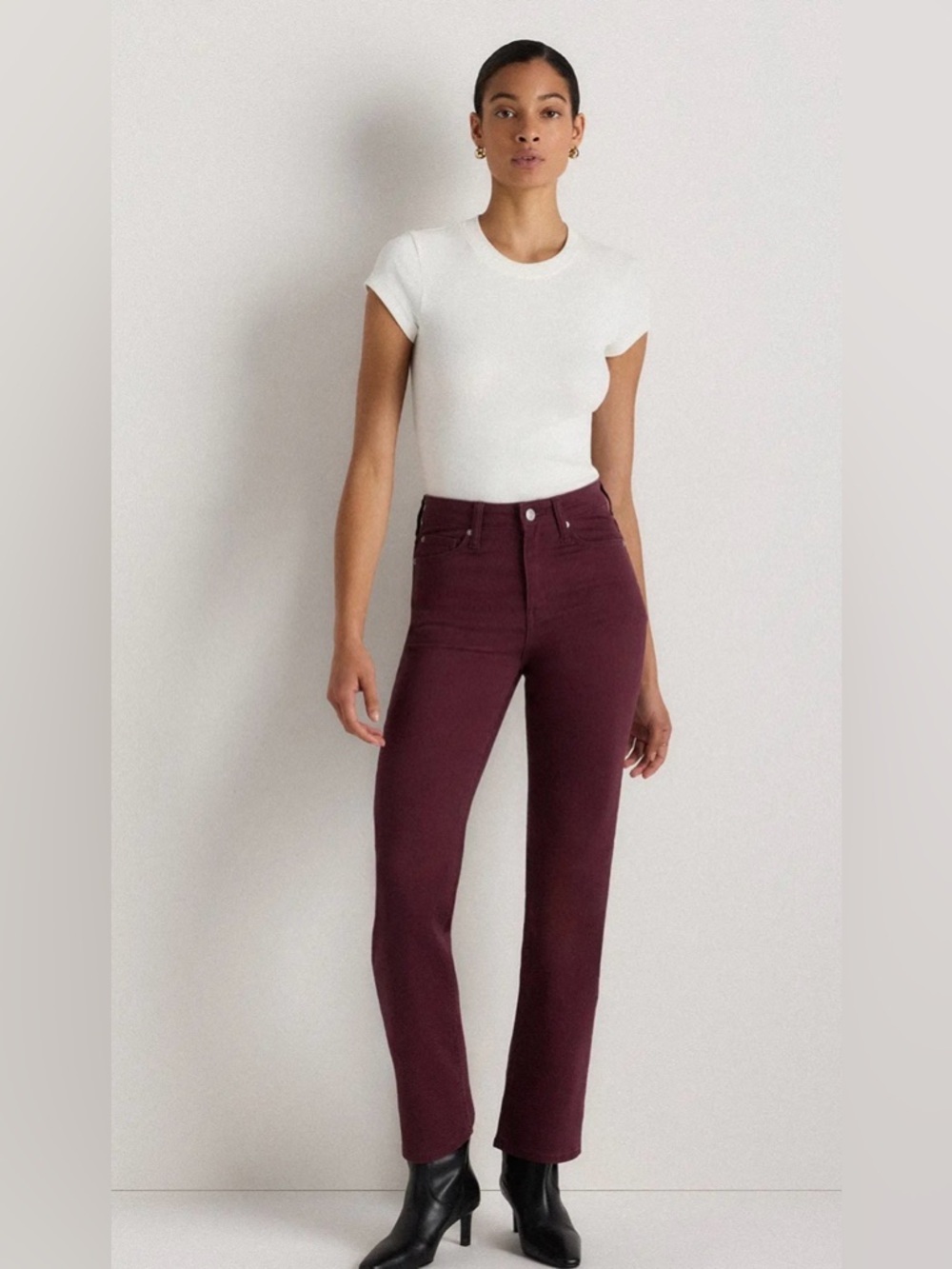 Quince Bella Stretch Straight Jeans Wine Red High Rise Size 26 30” Inseam - Picture 2 of 12